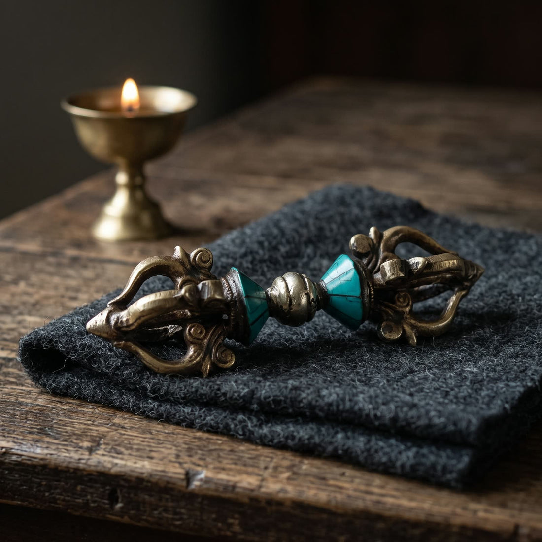 A five-pronged vajra with blue-green inlay resting on dark wool felt on an old wooden table, a small butter lamp lit behind it