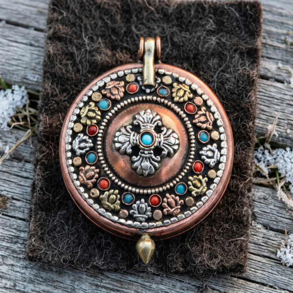 Round copper gau box pendant, front face with a silvery double vajra and stabilized turquoise centre, on dark yak felt with frost
