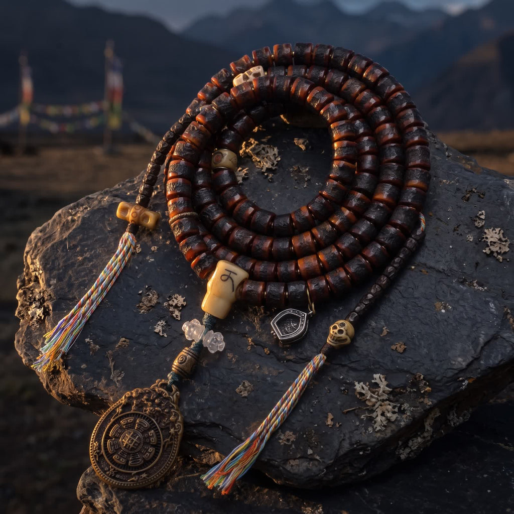 Yak bone 108 mala coiled on dark slate at dusk with its nine-palace pendant, bone guru bead and two counters with five-color tassels, prayer flags blurred behind
