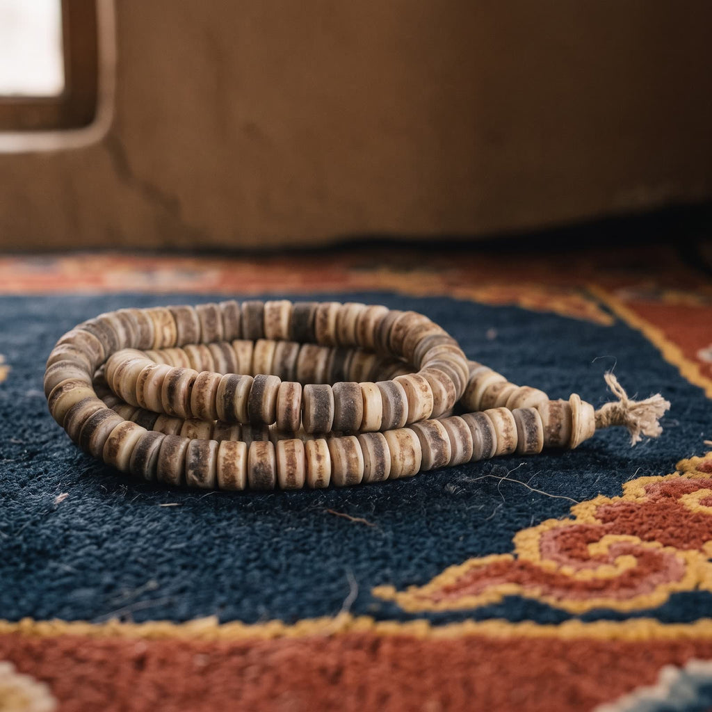 108-bead yak bone barrel mala coiled on an indigo Tibetan khaden rug, finished with a hemp knot