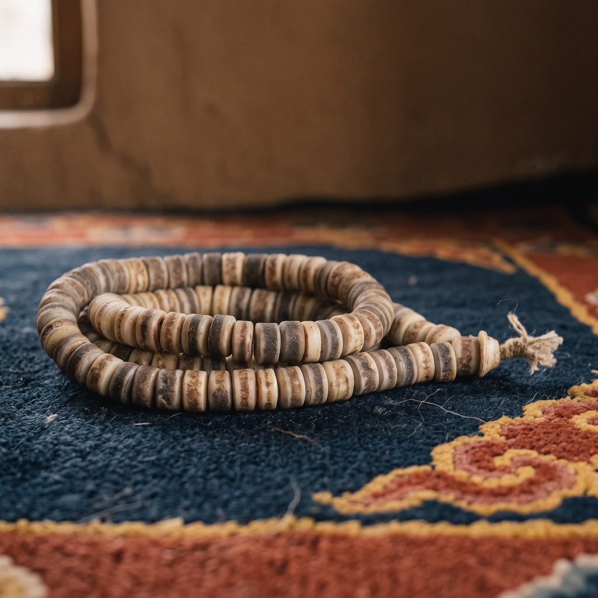 108-bead yak bone barrel mala coiled on an indigo Tibetan khaden rug, finished with a hemp knot