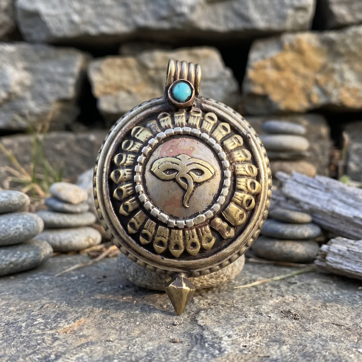 Round golden gau box pendant with raised Buddha eyes on a copper-red centre, ringed by lotus petals, standing on stone before a dry-laid wall