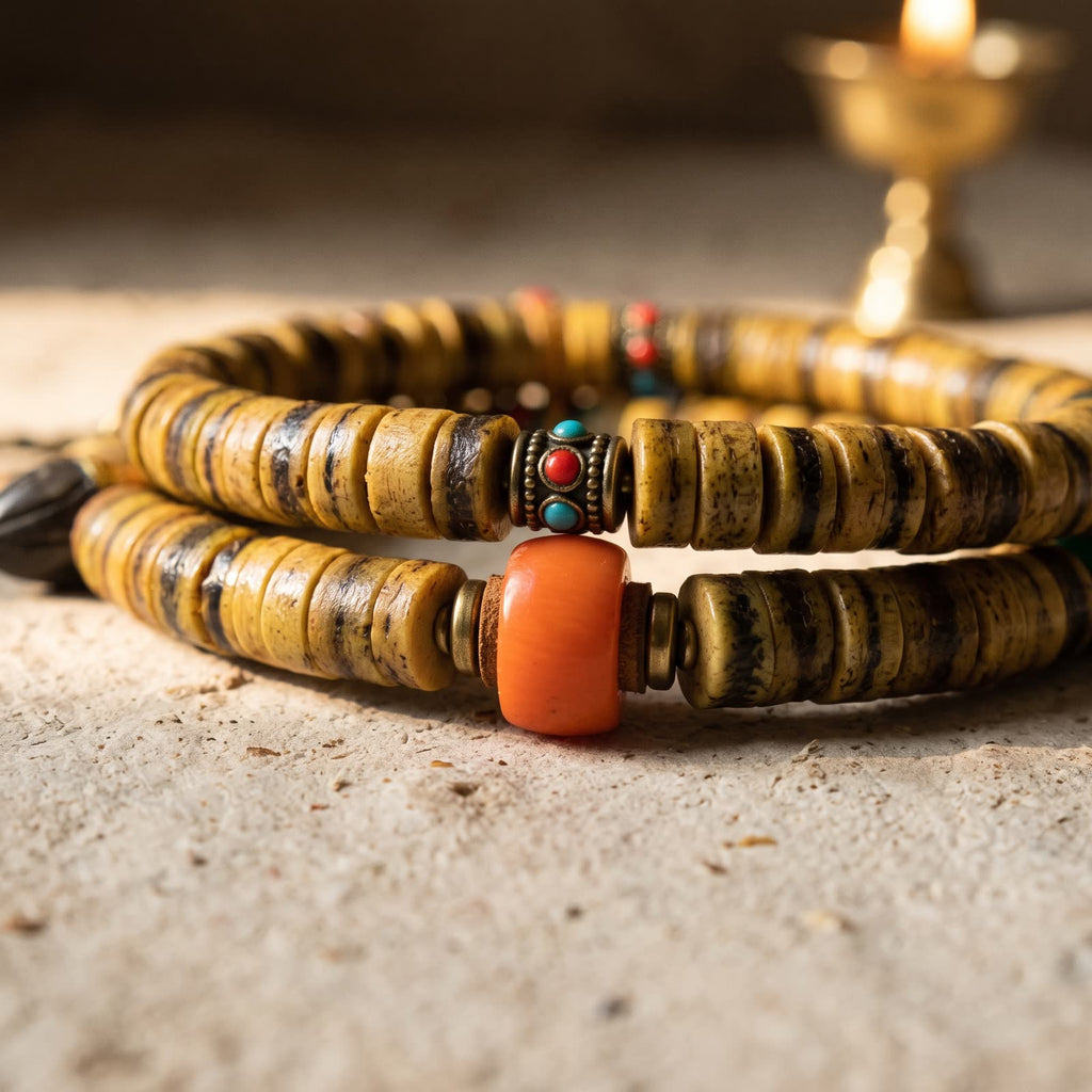 Close-up of honey-yellow bone disc beads with dark brown stripes, an orange bead between metal and leather spacers, and a metal bead inlaid with red and blue-green dots