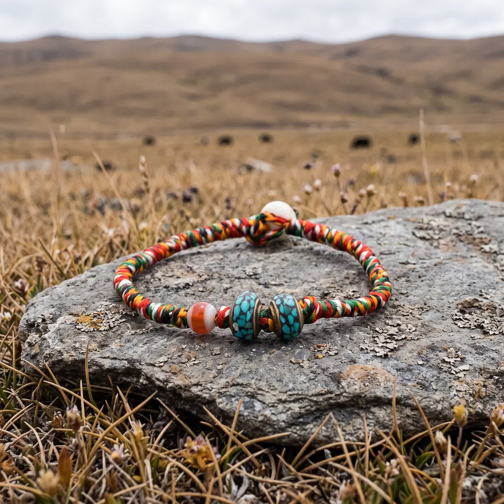 Five-color cord bracelet on a flat stone in dry plateau grass, a few yaks grazing on the hills in the distance