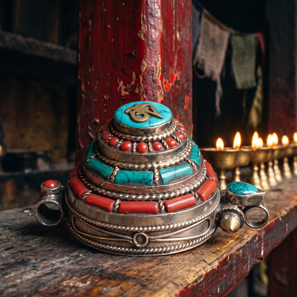 Side view of the gau box pendant showing its stepped tiers of red stones and stabilized turquoise above a silvery band