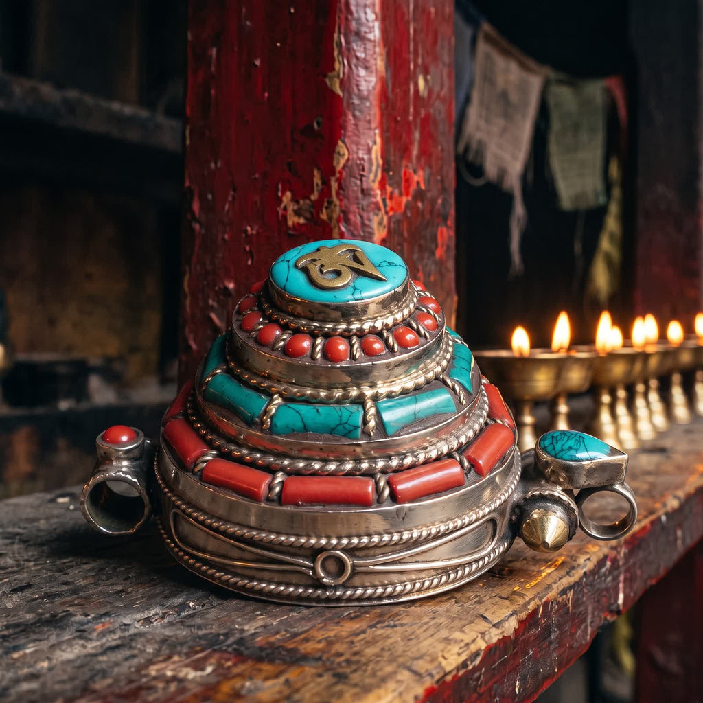 Side view of the gau box pendant showing its stepped tiers of red stones and stabilized turquoise above a silvery band