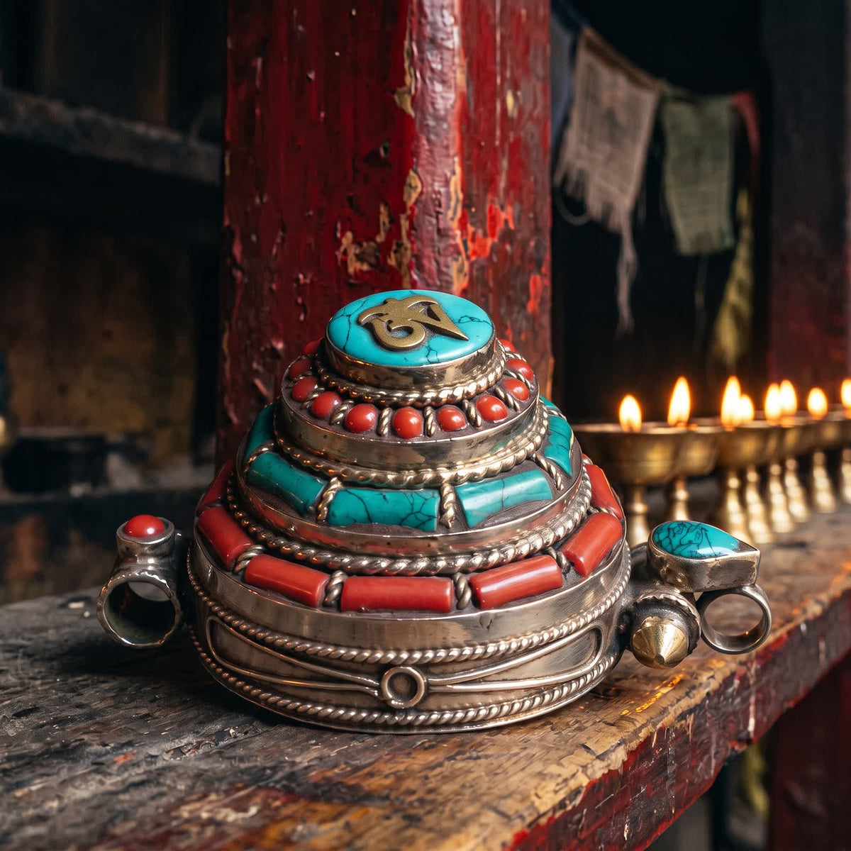 Side view of the gau box pendant showing its stepped tiers of red stones and stabilized turquoise above a silvery band