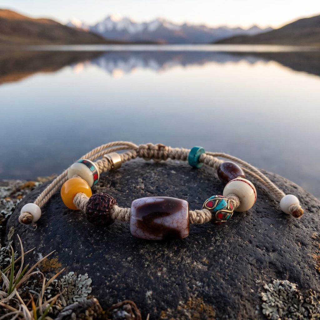Tiger-tooth dzi cord bracelet on a dark stone at the edge of a still mountain lake reflecting snow peaks