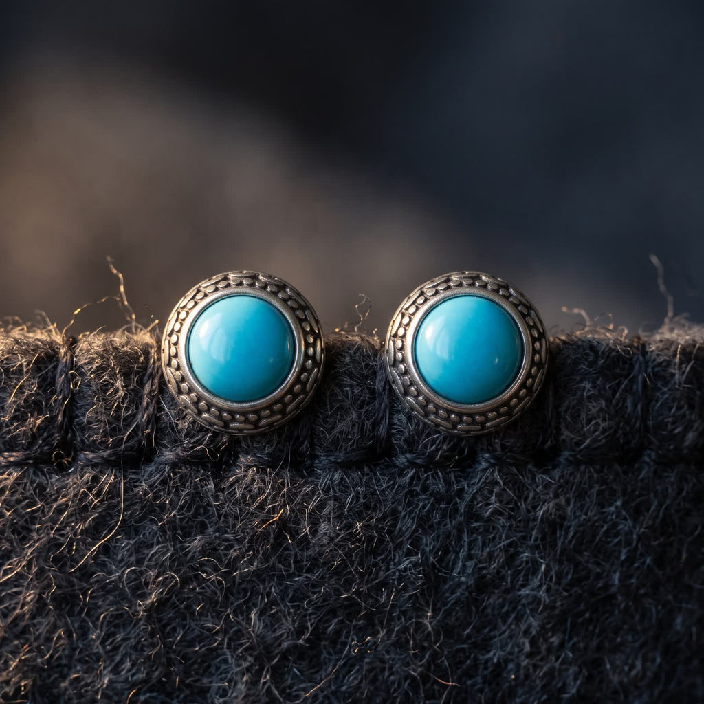 Two turquoise stud earrings set along the stitched edge of dark charcoal wool felt