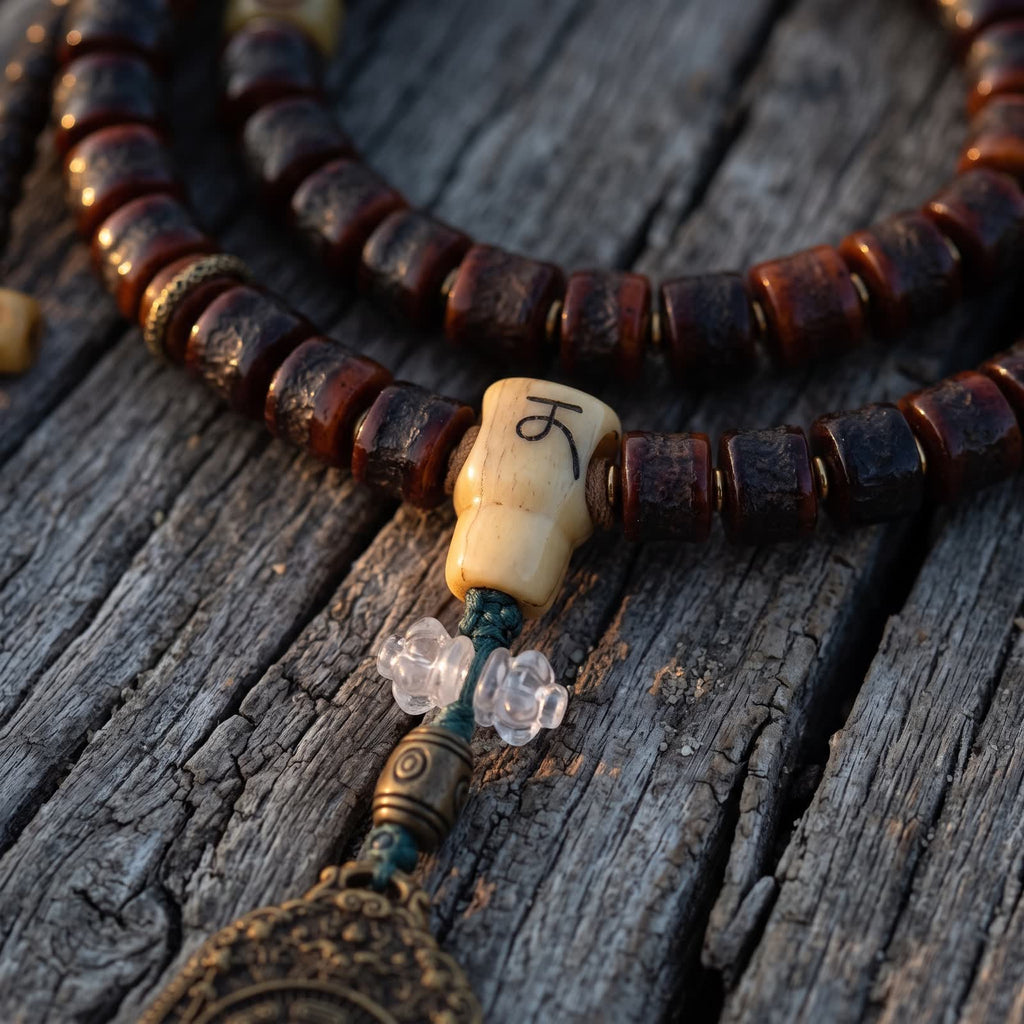 Bone guru bead with an incised letter, two clear flower beads and a metal barrel bead above the pendant, on weathered wood
