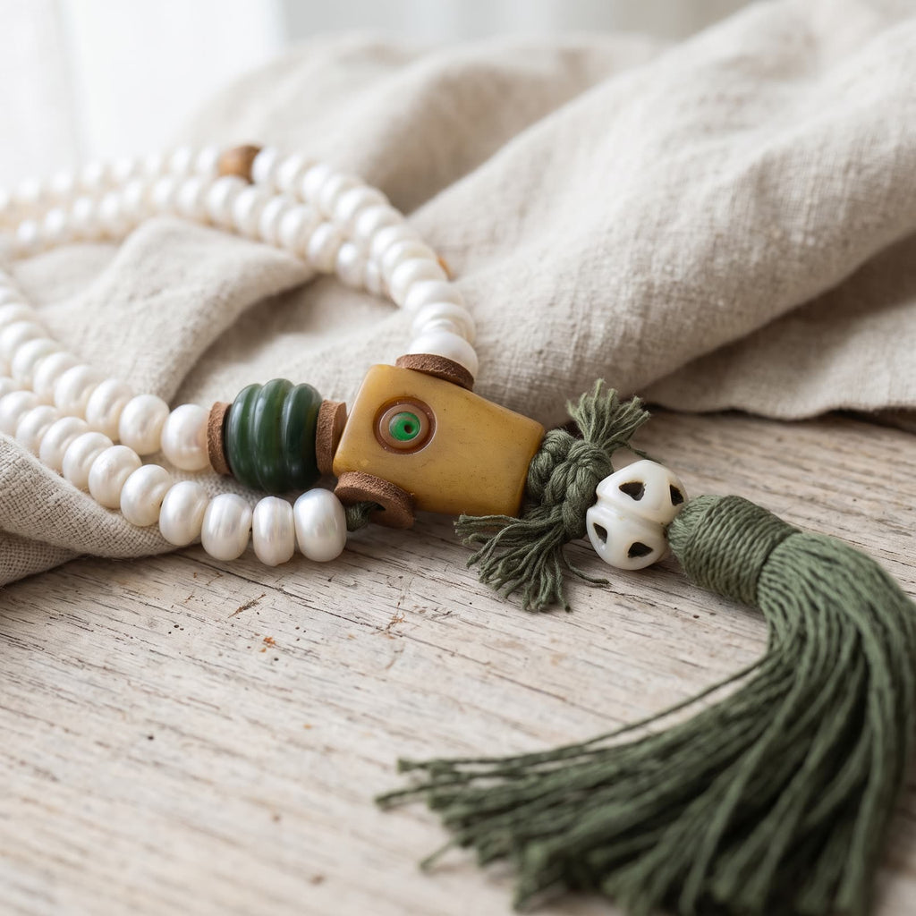 Squared guru bead with a small green inlaid dot, a green ribbed bead and leather spacers, above an openwork white bead and a dark green tassel
