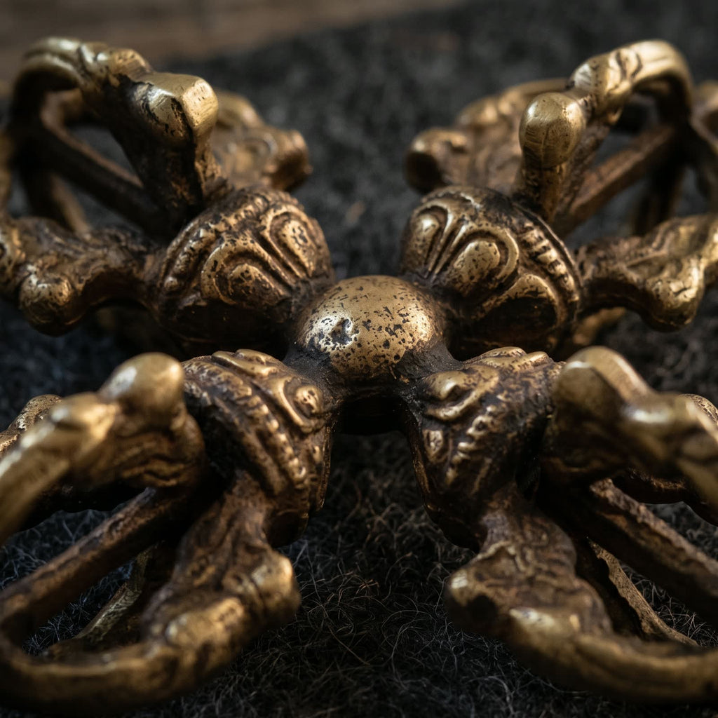 Close-up of the round center hub and cast lotus seats of the double vajra
