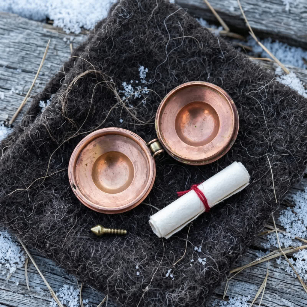 Gau box pendant opened on its hinge, two empty shallow copper bowls inside, the golden screw and a small rolled paper scroll beside it