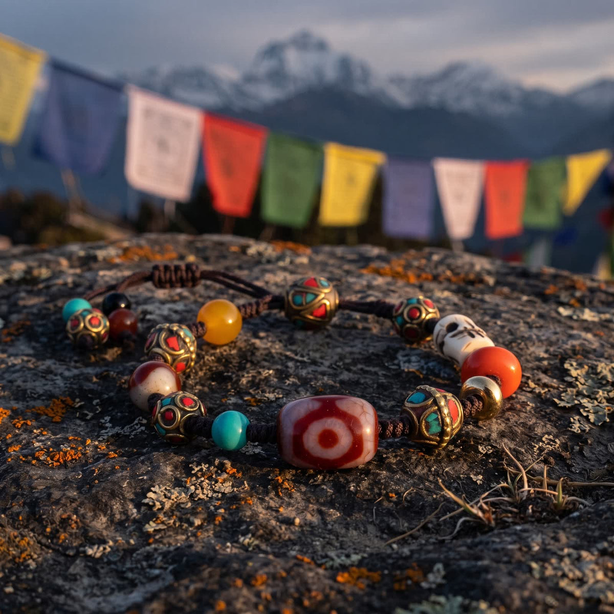 Three-eyed red dzi cord bracelet on a lichen-covered rock in warm evening light, prayer flags and snow peaks blurred behind