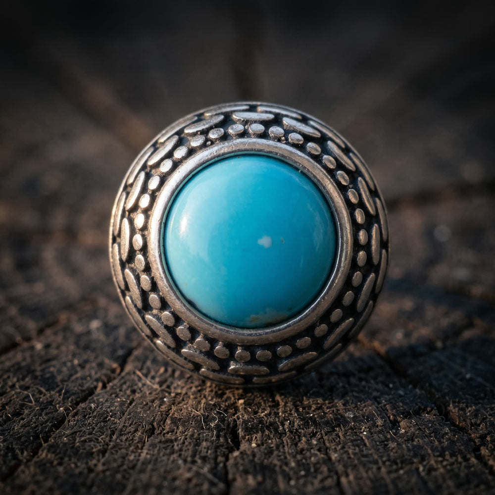 Close-up of a domed sky-blue turquoise stud framed by rows of raised dots and darkened silver texture