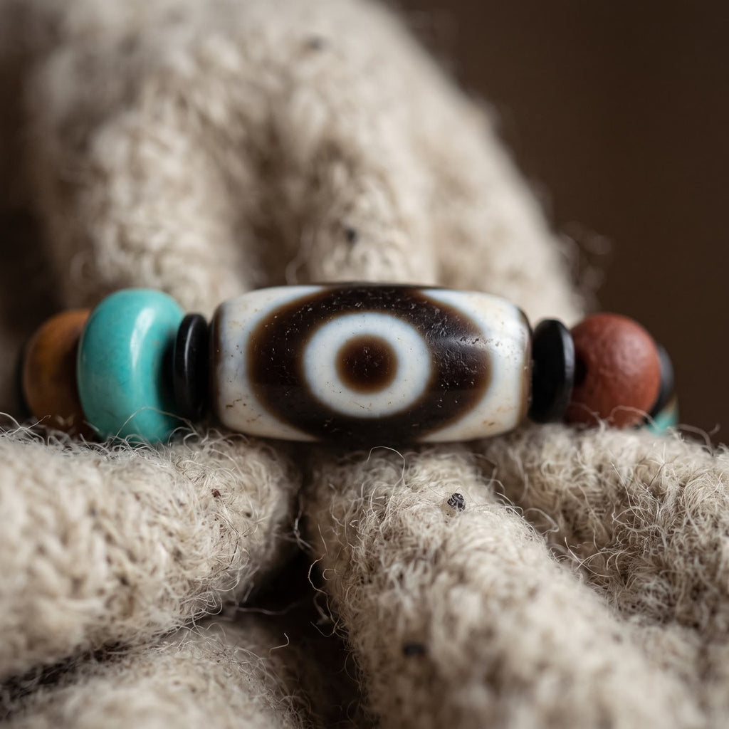Close-up of the agate dzi bead with a brown-ringed white eye between black spacers, beside turquoise and red agate beads
