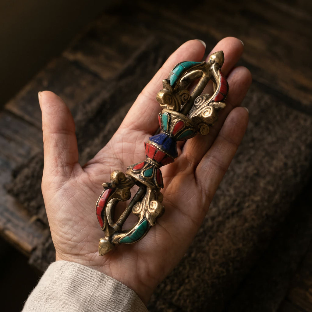 Open palm holding the vajra with red, blue-green and deep blue inlay to show its size, about 14.5 cm long