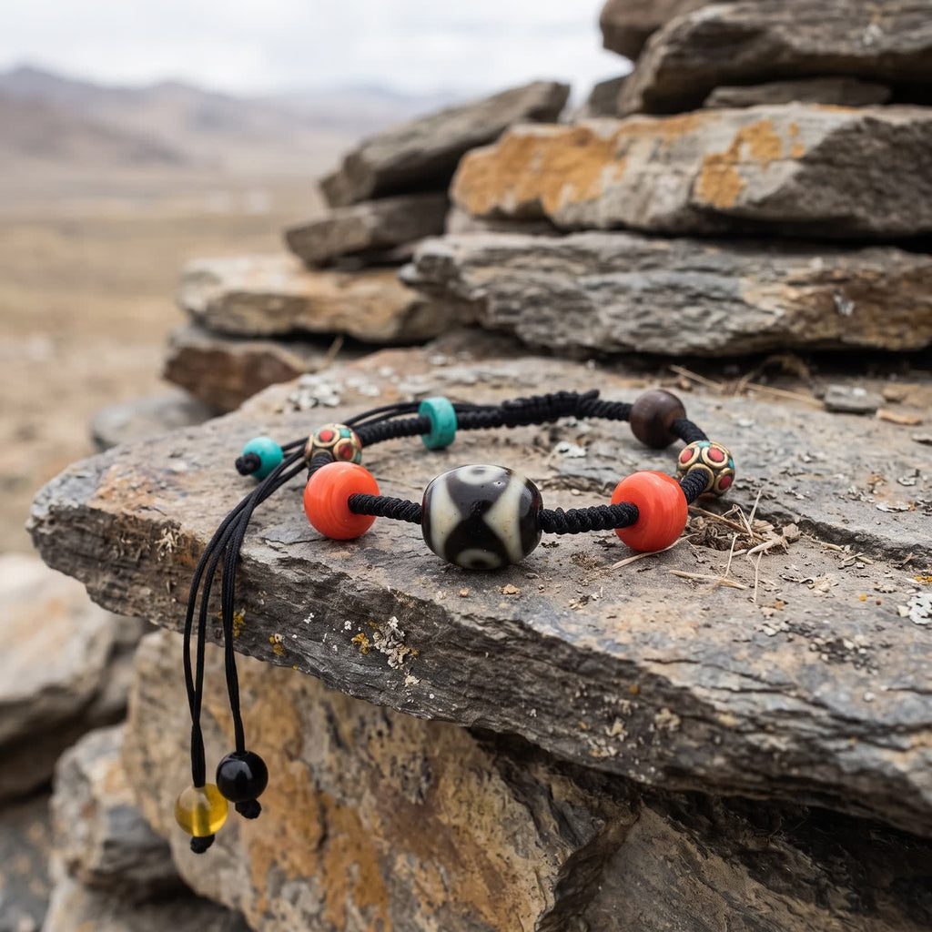Dalo dzi cord bracelet on a stack of flat slate stones, its two cord tails with small end beads hanging over the edge