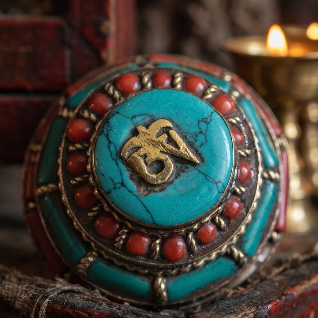 Close-up of the golden Om symbol set in stabilized turquoise, ringed by small red stones