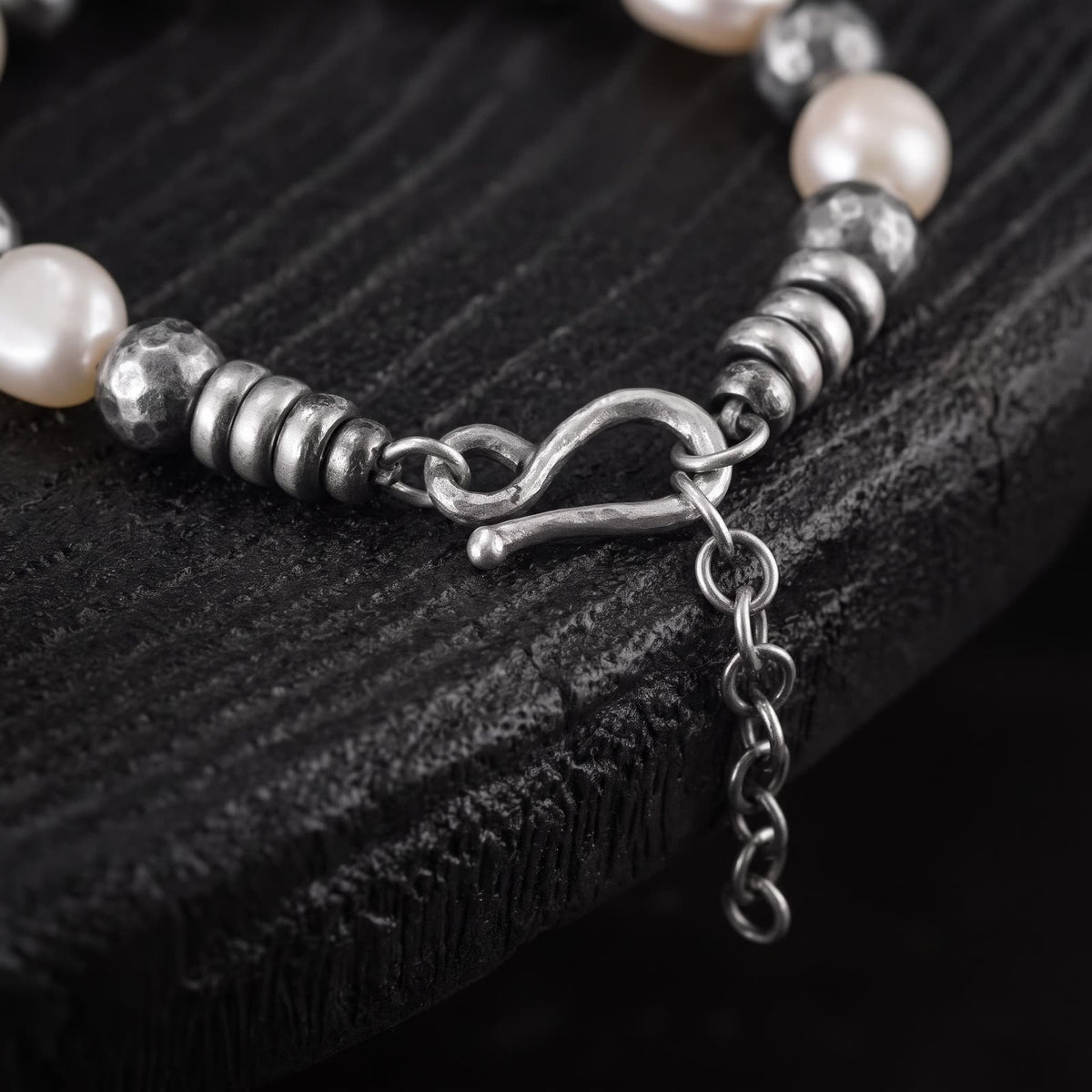 Hammered 925 sterling silver S-hook clasp, stacked silver rondelles and short extender chain for adjustable fit