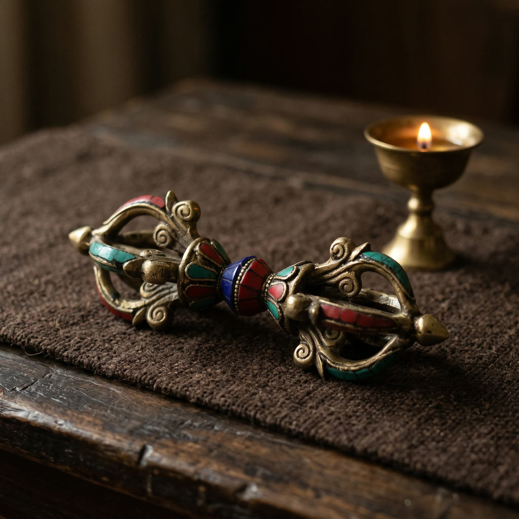 Vajra with red, blue-green and deep blue inlay on a wool runner on an old wooden altar table beside a small butter lamp