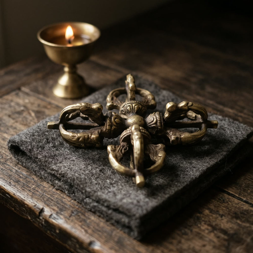 Double vajra on folded charcoal wool felt on an old wooden altar table beside a small butter lamp