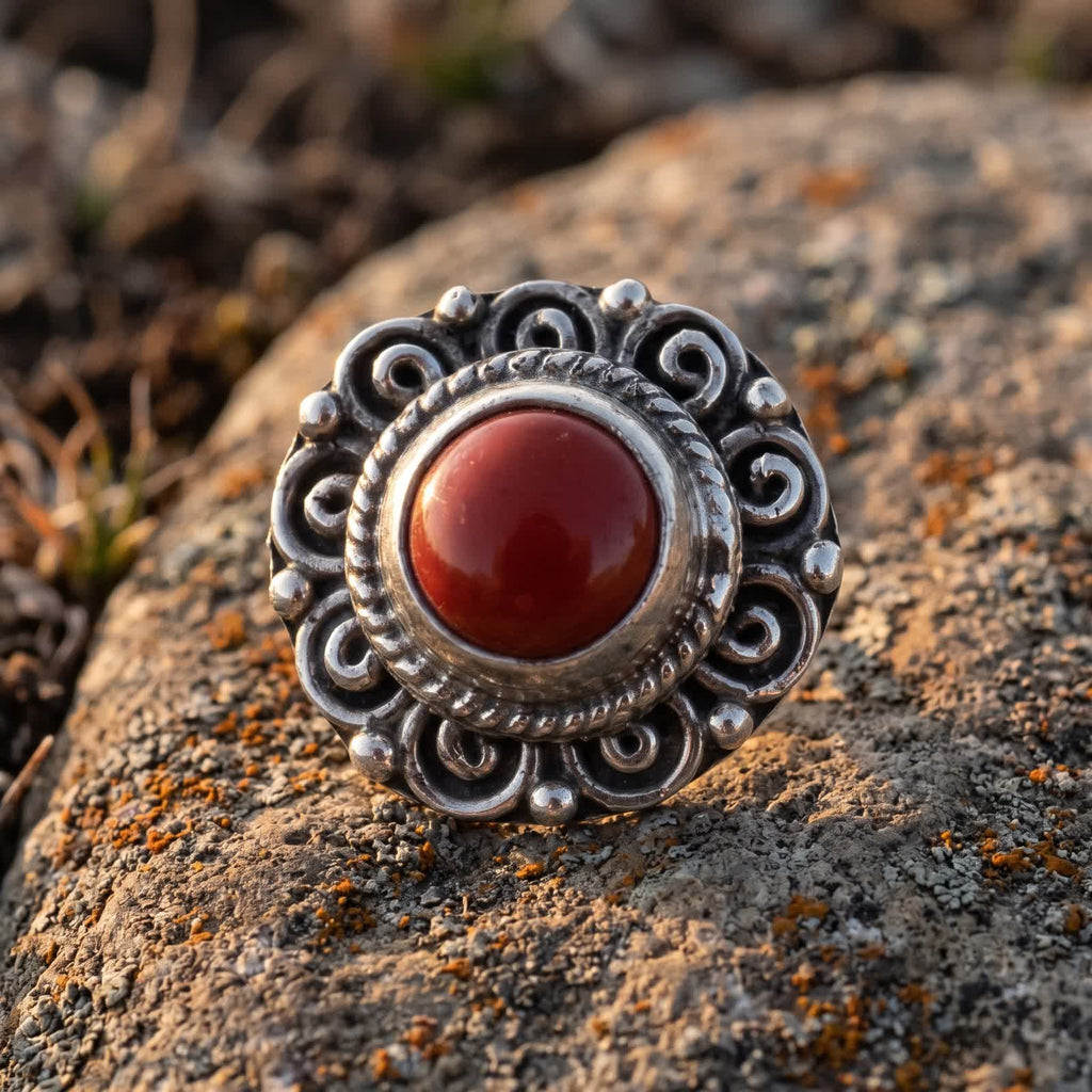 Close-up of the round red stone in a silvery bezel, ringed by twisted wire, small raised dots and C-shaped cloud-scroll filigree