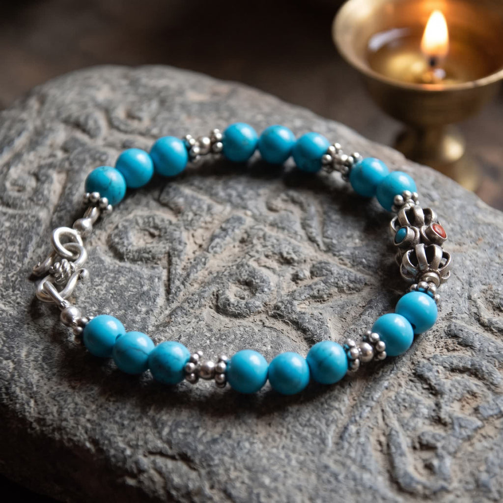 Blue turquoise bracelet with a silver vajra resting on a carved grey stone beside a glowing butter lamp