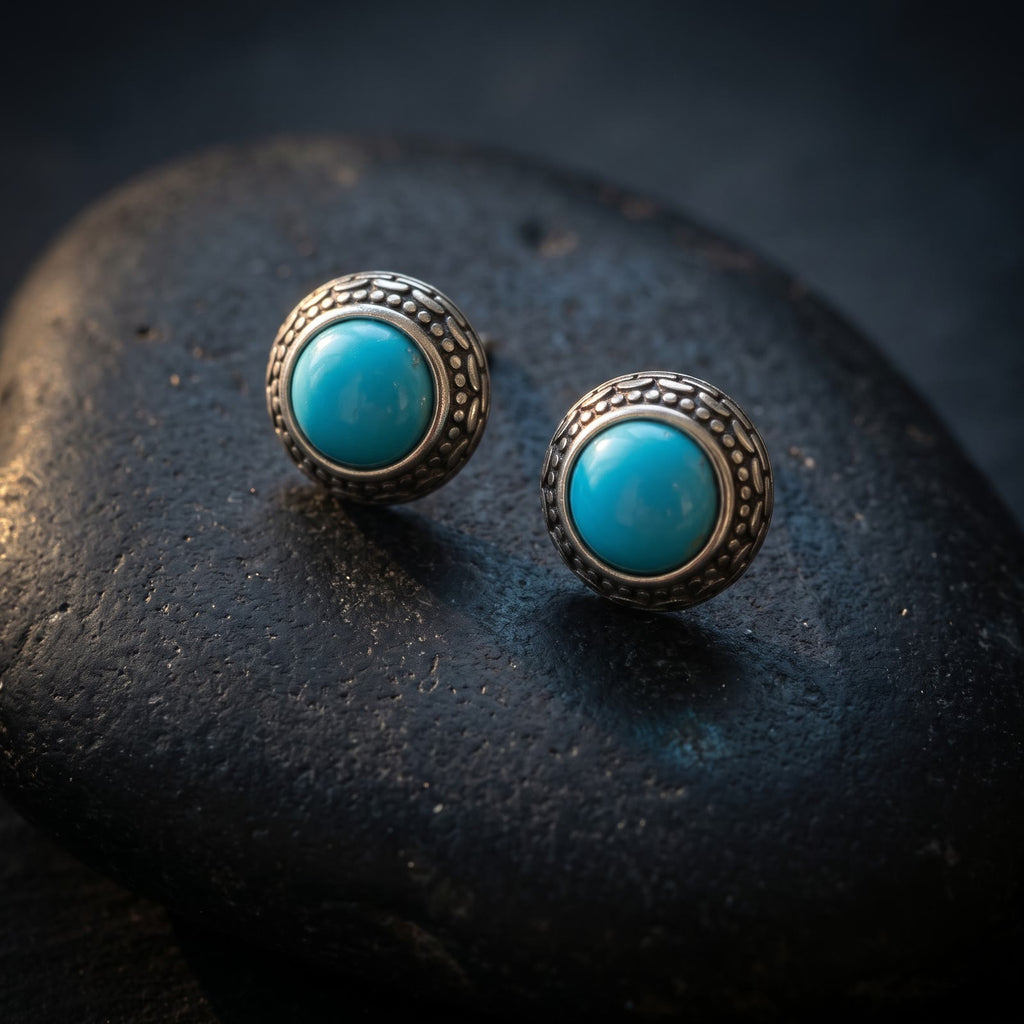 Pair of round turquoise stud earrings resting on a black river stone