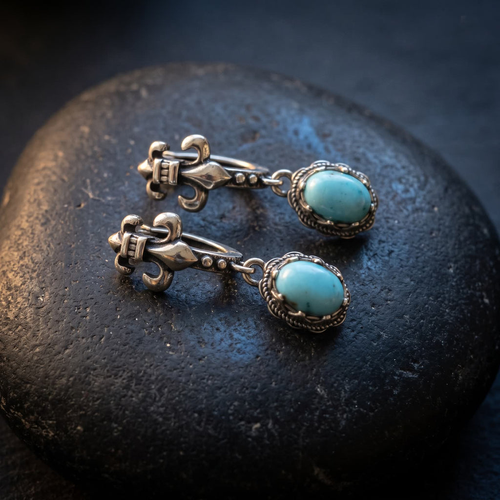 Pair of fleur-de-lis turquoise drop earrings resting on a black river stone
