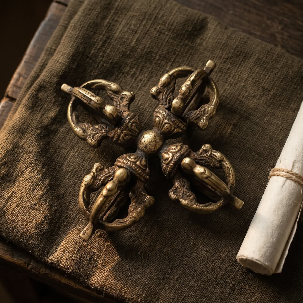 Top-down view of the double vajra on dark olive-brown linen beside a rolled sheet of plain handmade paper
