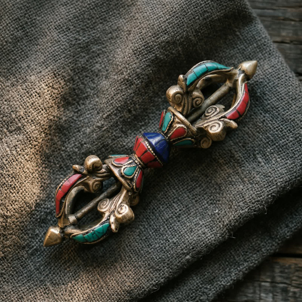 Top-down view of the vajra with red, blue-green and deep blue inlay on coarse dark grey hemp cloth