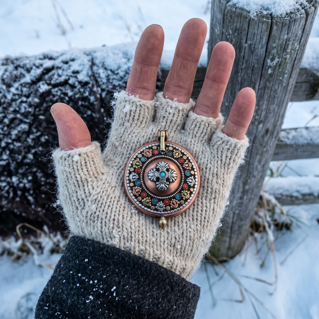 Copper gau box pendant held in a gloved palm to show its size, snow and a weathered fence post behind