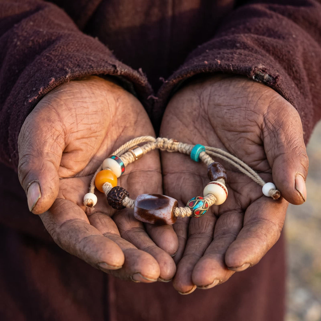 Weathered hands in a worn maroon wool robe holding the tiger-tooth dzi cord bracelet in open palms