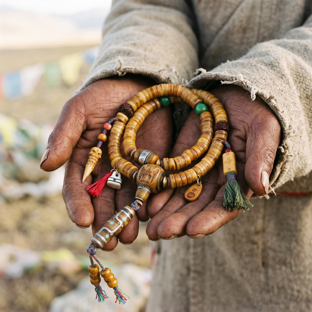 Weathered hands holding the honey yak bone disc mala, the bone dzi-pattern bead hanging below, prayer flags blurred behind