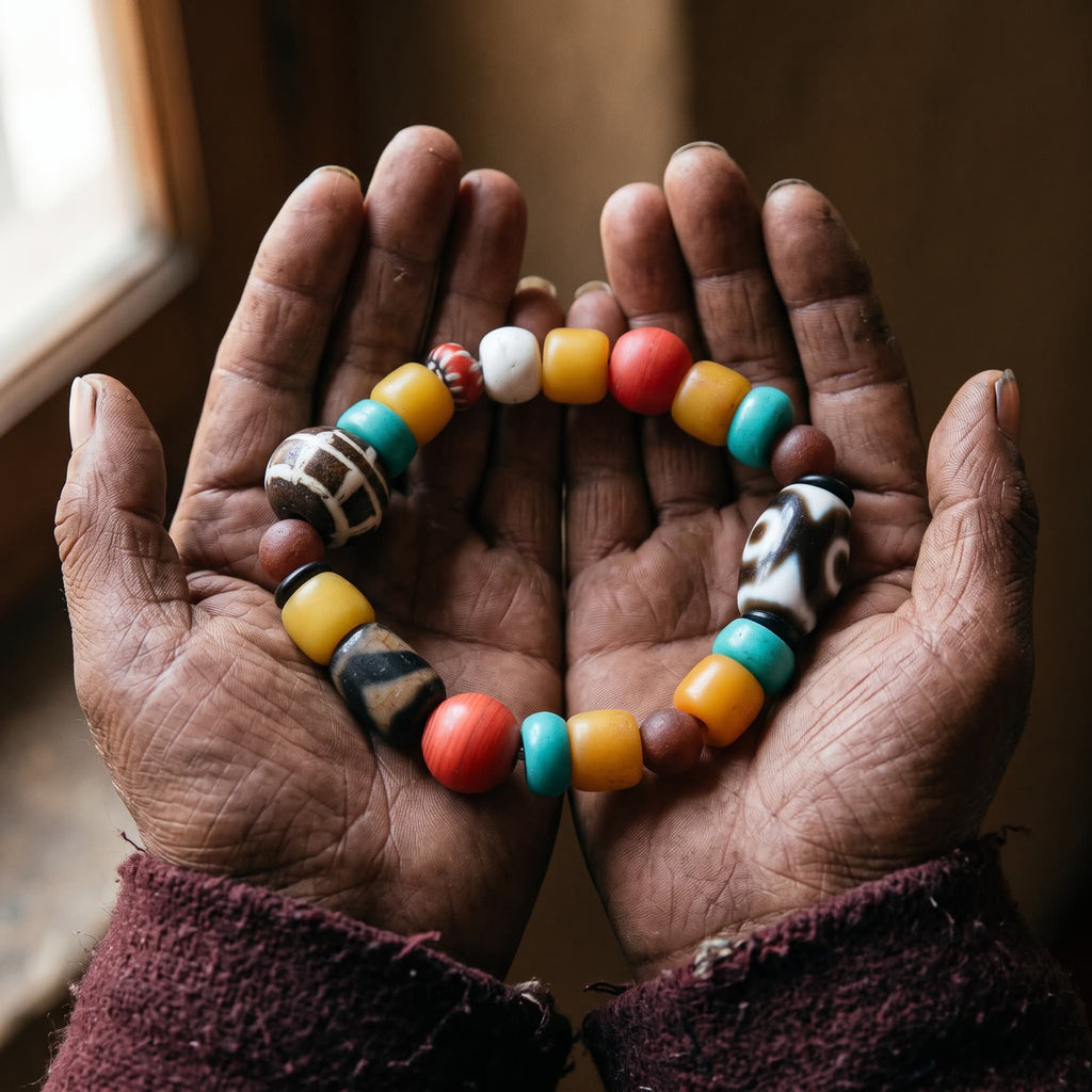 Elderly weathered hands holding the multi-bead agate dzi bracelet in open palms