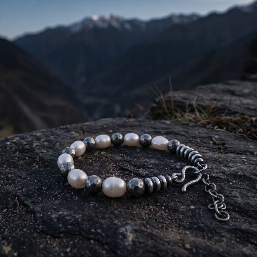 Pearl and hammered sterling silver bead bracelet on a stone ledge with mountains at dusk behind