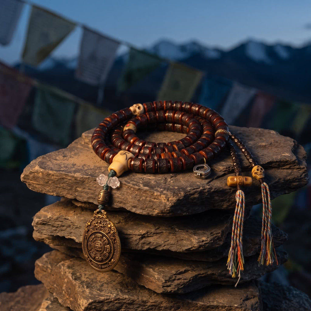 Yak bone mala coiled on a stack of flat stones at dusk, pendant and tassels hanging over the edge, prayer flags and snow peaks behind