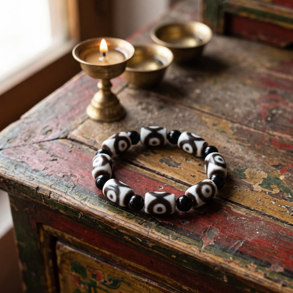 Agate dzi and black agate bead bracelet on a painted Tibetan altar cabinet beside a small brass butter lamp