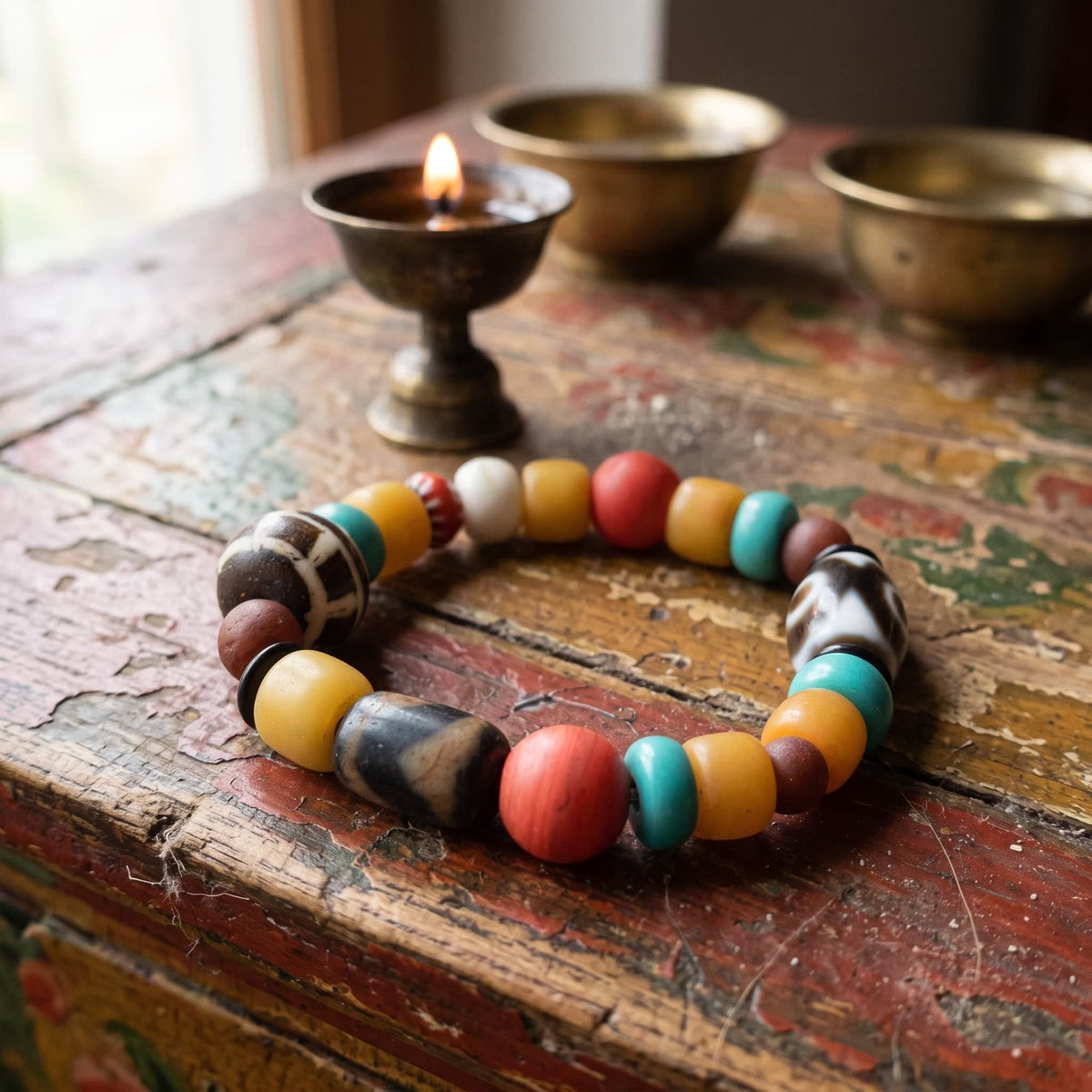 Multi-bead agate dzi bracelet on a painted Tibetan altar cabinet beside a small brass butter lamp