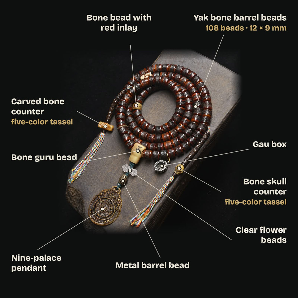 Bead guide: 108 yak bone barrel beads 12 × 9 mm, bone guru bead, clear flower beads, metal barrel bead, nine-palace pendant, bone bead with red inlay, gau box and two counters with five-color tassels
