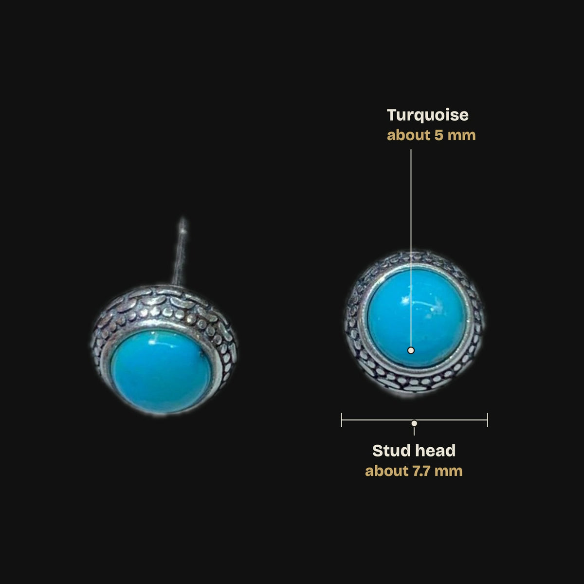Size guide: stud head about 7.7 mm across, turquoise about 5 mm