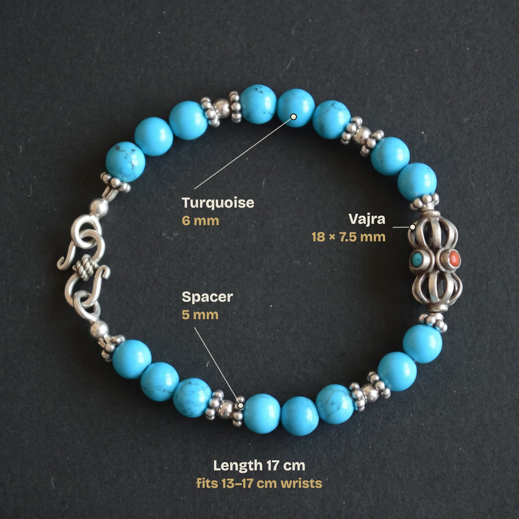 Size guide: blue turquoise beads 6 mm, small silver spacers 5 mm, silver vajra 18 × 7.5 mm, length 17 cm for 13–17 cm wrists
