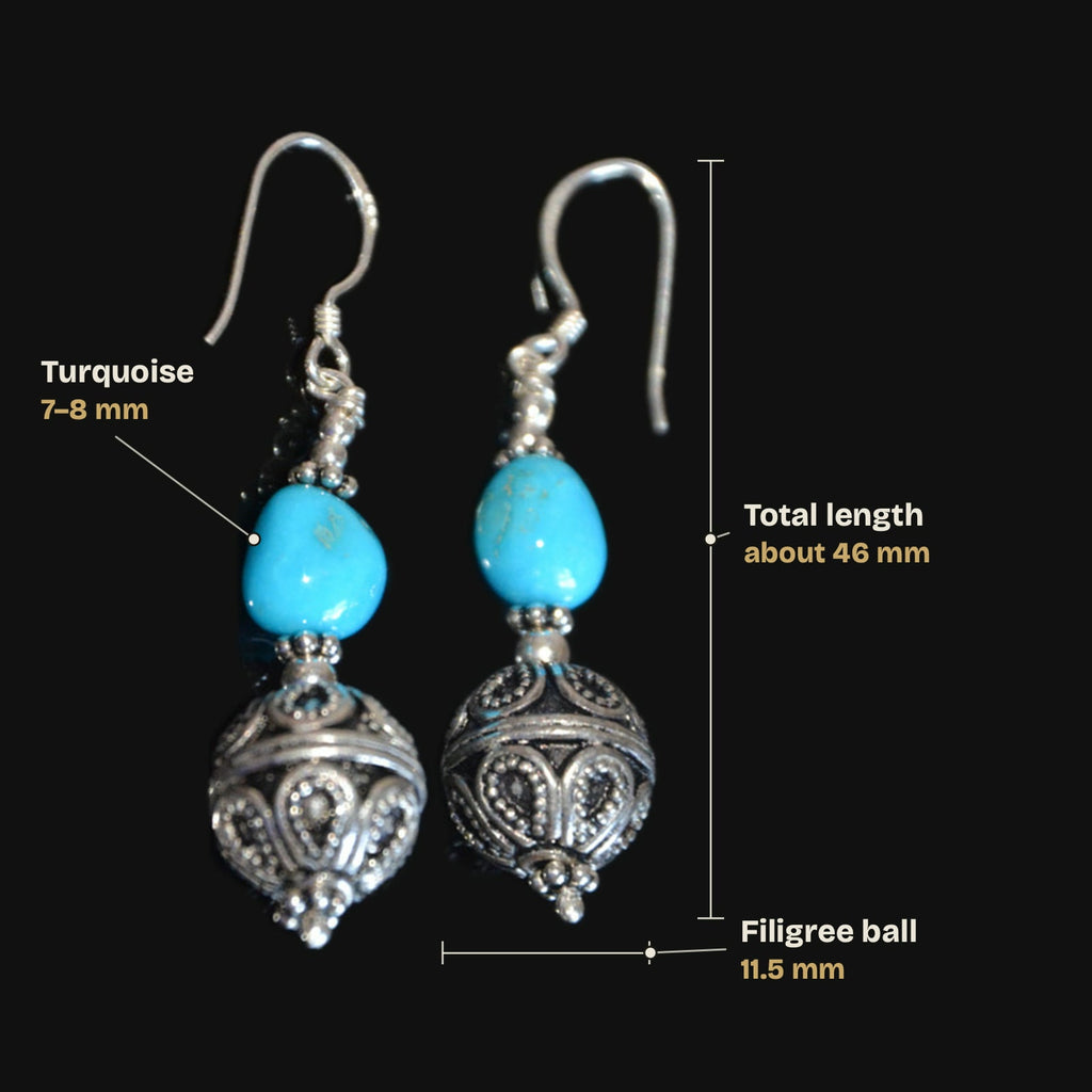 Size guide: total length about 46 mm, turquoise 7–8 mm, filigree ball 11.5 mm