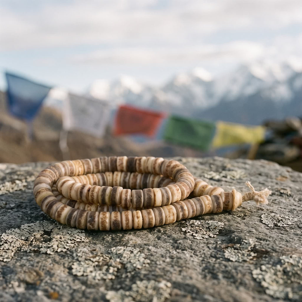 Yak bone mala on a lichen-covered stone with prayer flags and snow peaks blurred behind