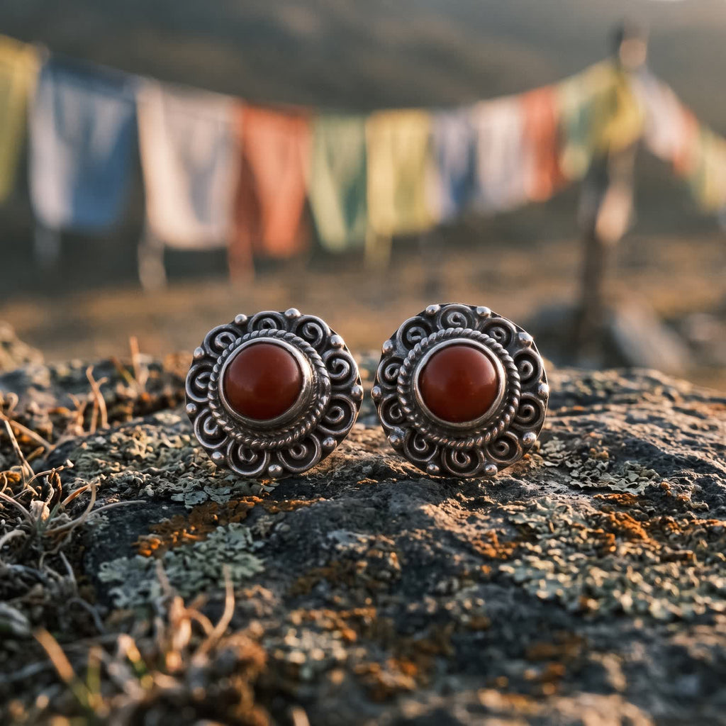 Red stone filigree stud earrings on a lichen-covered rock with prayer flags blurred behind