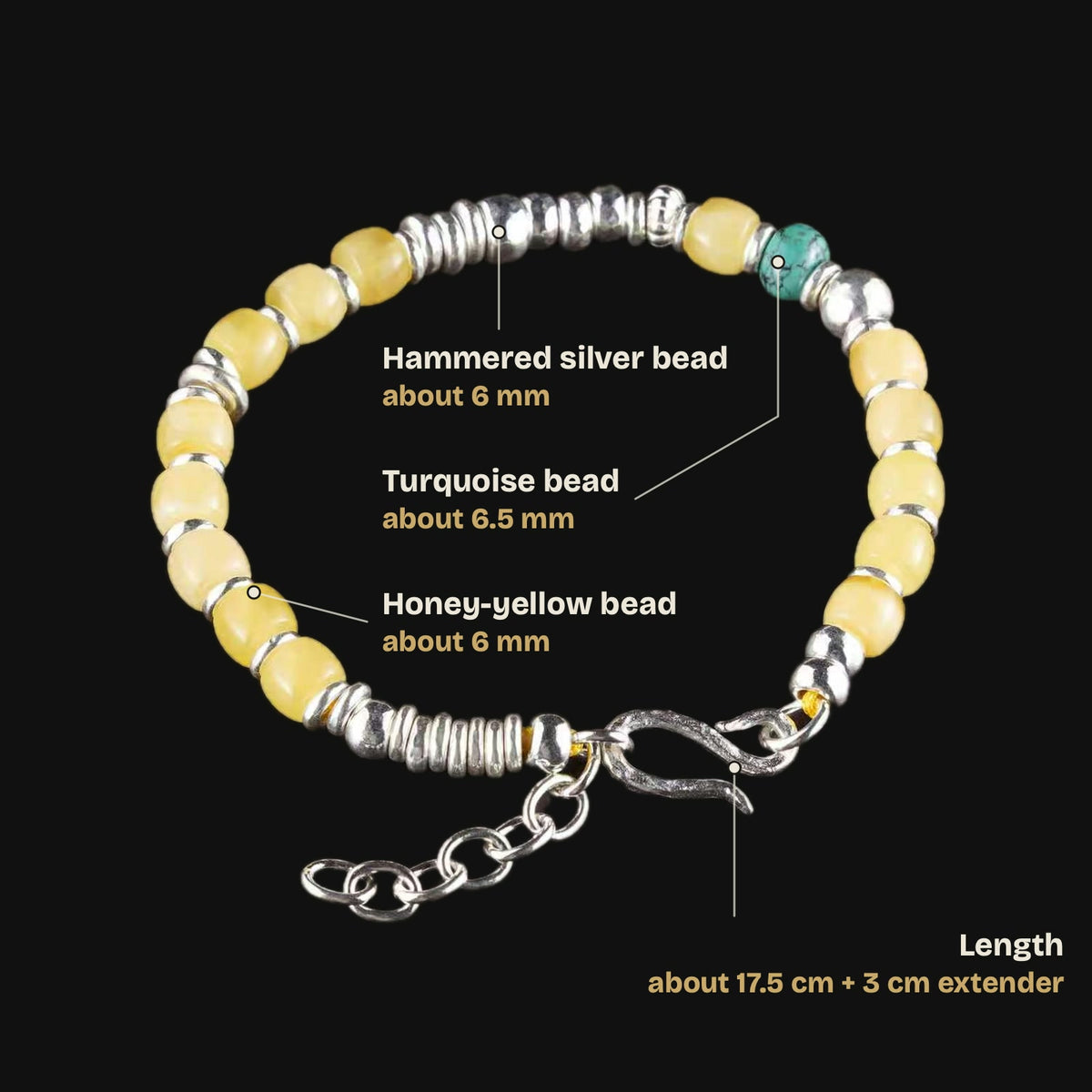 Size guide: length about 17.5 cm plus a 3 cm extender chain, honey-yellow beads about 6 mm, turquoise bead about 6.5 mm, hammered silver beads about 6 mm