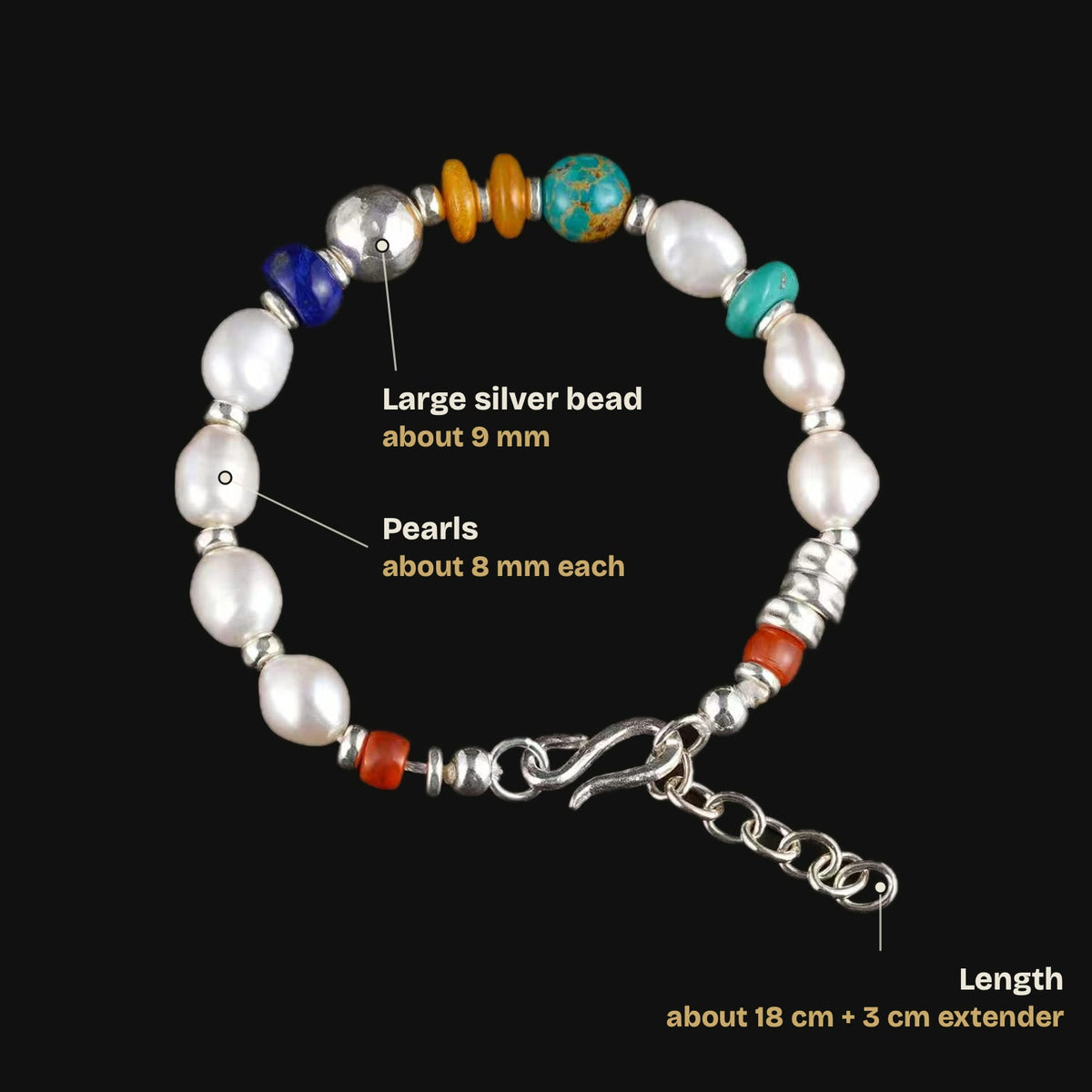 Size guide: length about 18 cm plus a 3 cm extender chain, pearls about 8 mm each, large silver bead about 9 mm