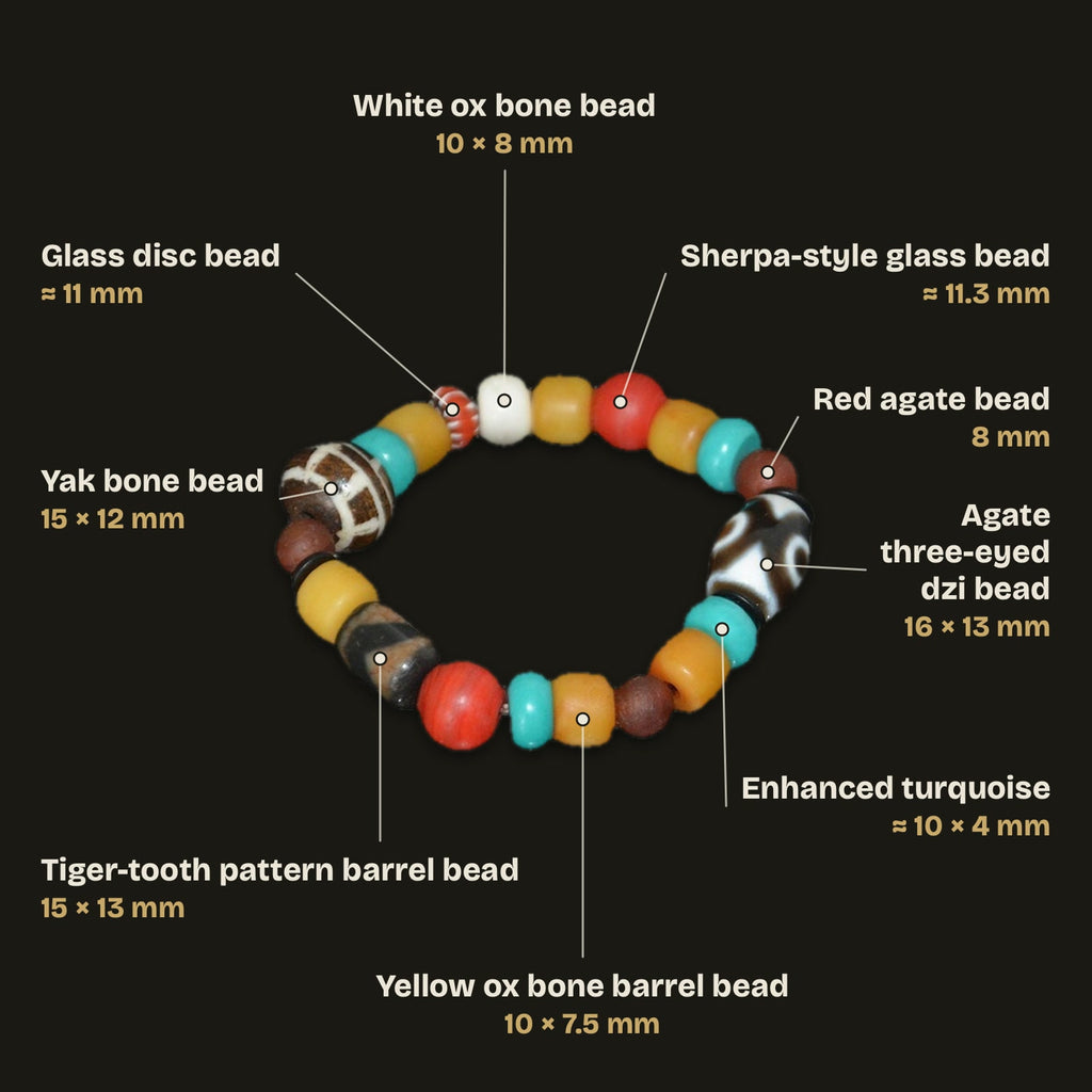 Bead guide: agate three-eyed dzi 16 × 13 mm, yak bone bead 15 × 12 mm, tiger-tooth pattern barrel bead 15 × 13 mm, enhanced turquoise, yellow and white ox bone, red glass, glass disc and red agate beads with sizes