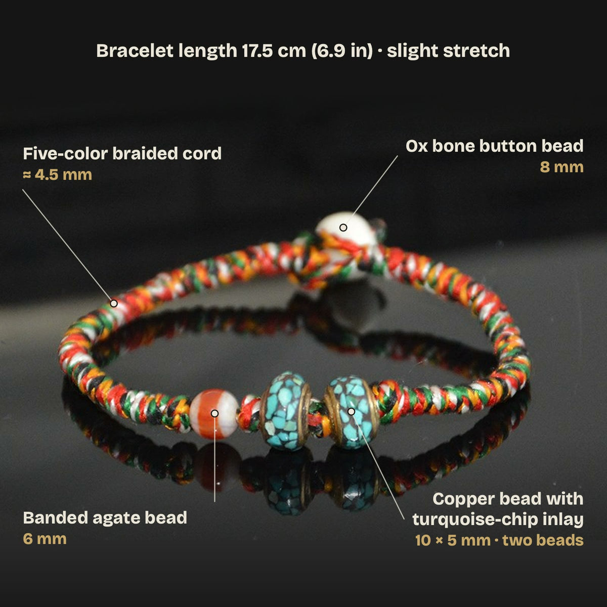 Labeled bead guide: five-color braided cord about 4.5 mm, ox bone button bead 8 mm, banded agate bead 6 mm, two copper beads with turquoise-chip inlay 10 × 5 mm; bracelet length 17.5 cm (6.9 in), slight stretch